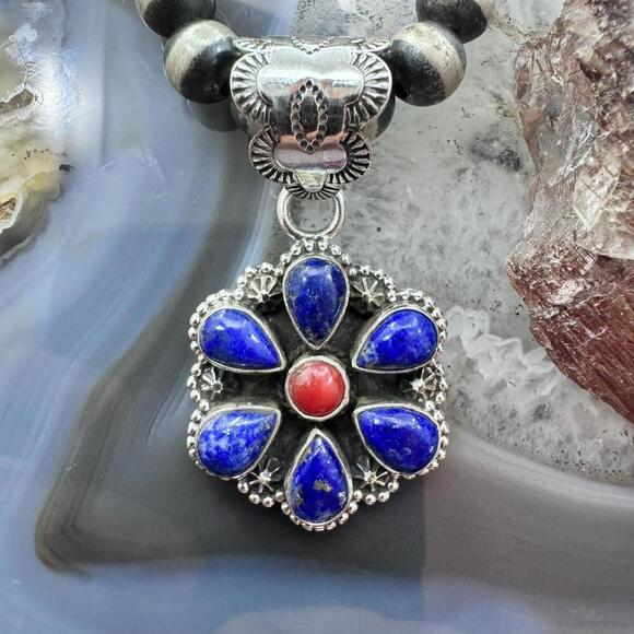 Native American Sterling Silver Lapis & Coral Flower Decorated Pendant For Women - Picture 1 of 10